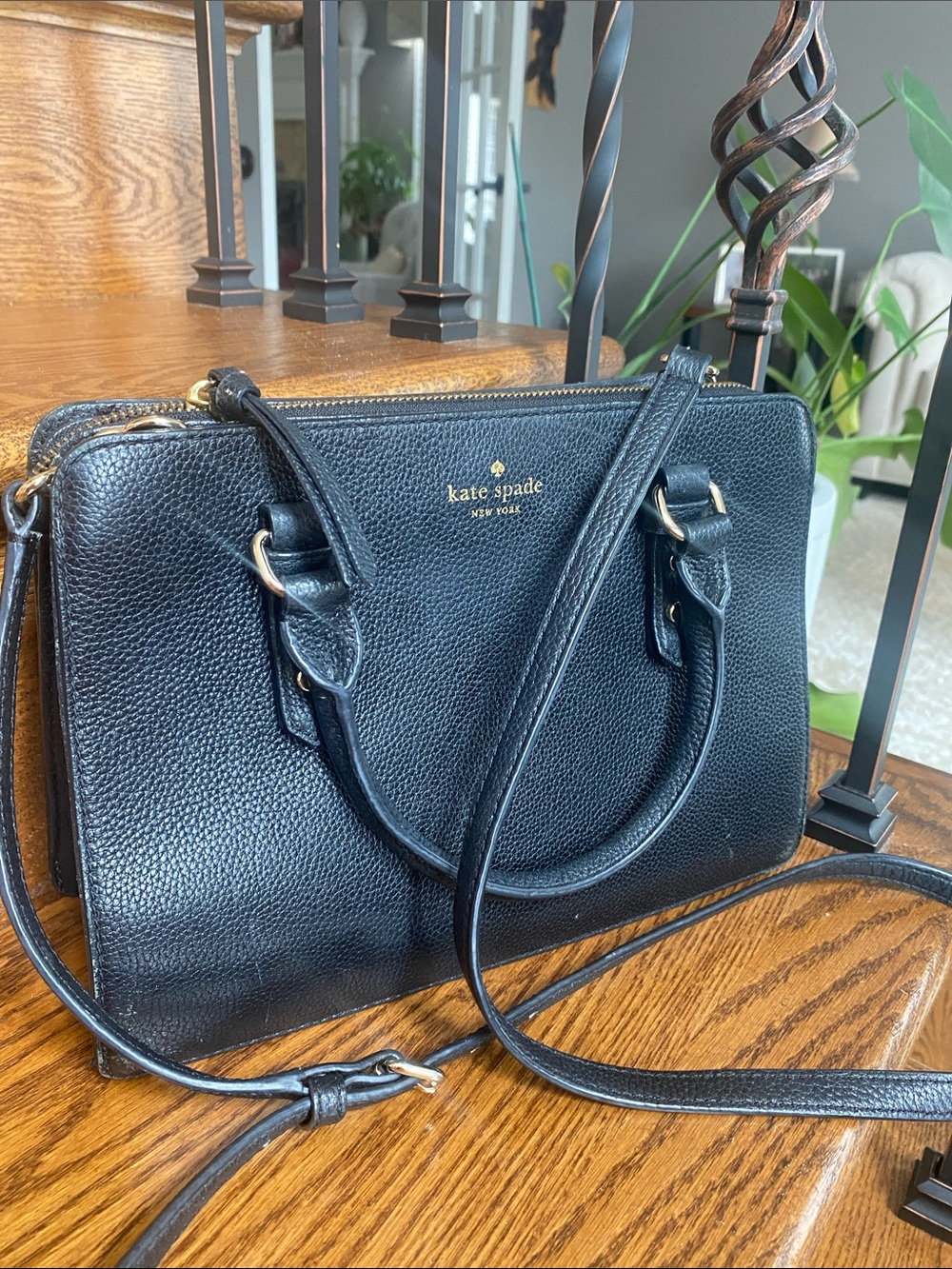 kate spade Black Pebbled Leather Double-Handle Satchel with Crossbody Strap